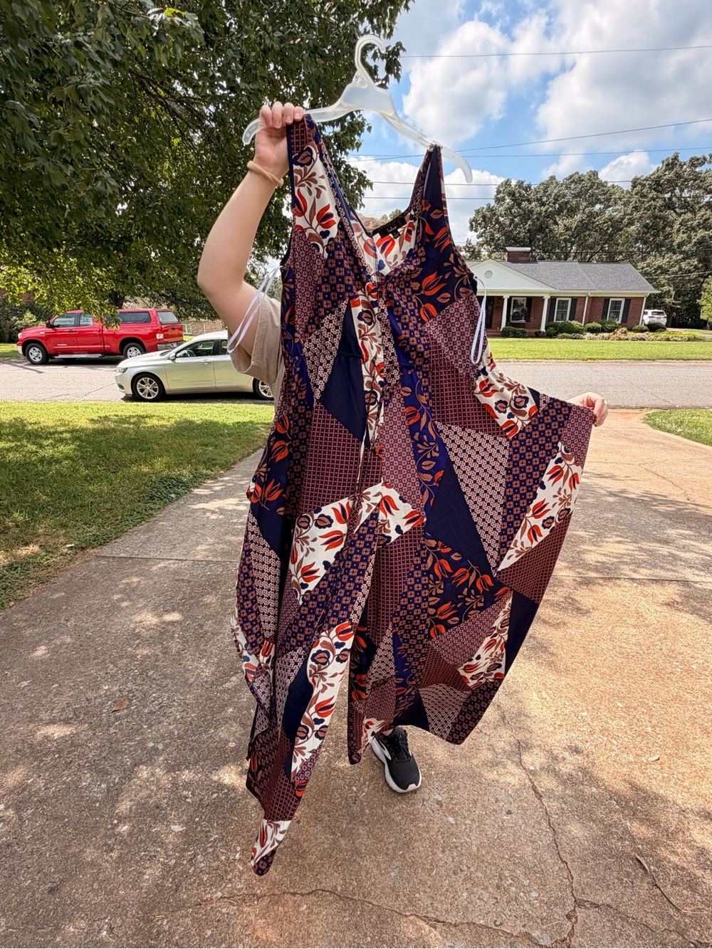Lulus Boho Patchwork Navy & Rust Floral Jumpsuit